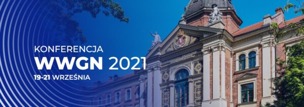 Banner konferencji, na tle napis oraz budynek