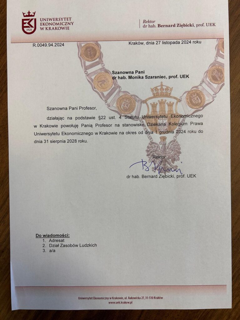 WhatsApp Image 2024 12 04 At 13.57.13 Pismo a na nim treść związana z powołaniem Dyrektora Kolegium Prawa