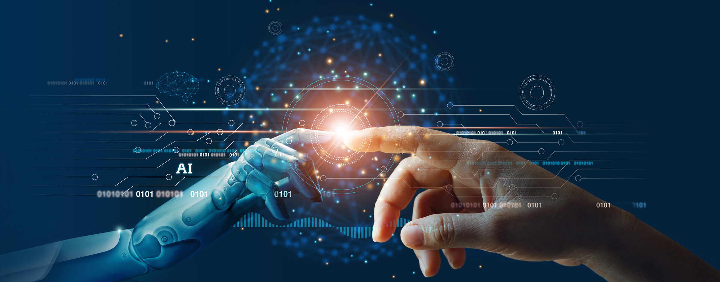 Banner, dłoń robota i dłoń ludzka, w tle interfejs układu scalonego