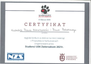 Certyfikat za wygrany konkurs w zbiórce na rzecz zwierząt z Przytuliska w Harbutowicach w ramach akcji „Studenci UEK Zwierzakom 2021 r.” – X Edycja